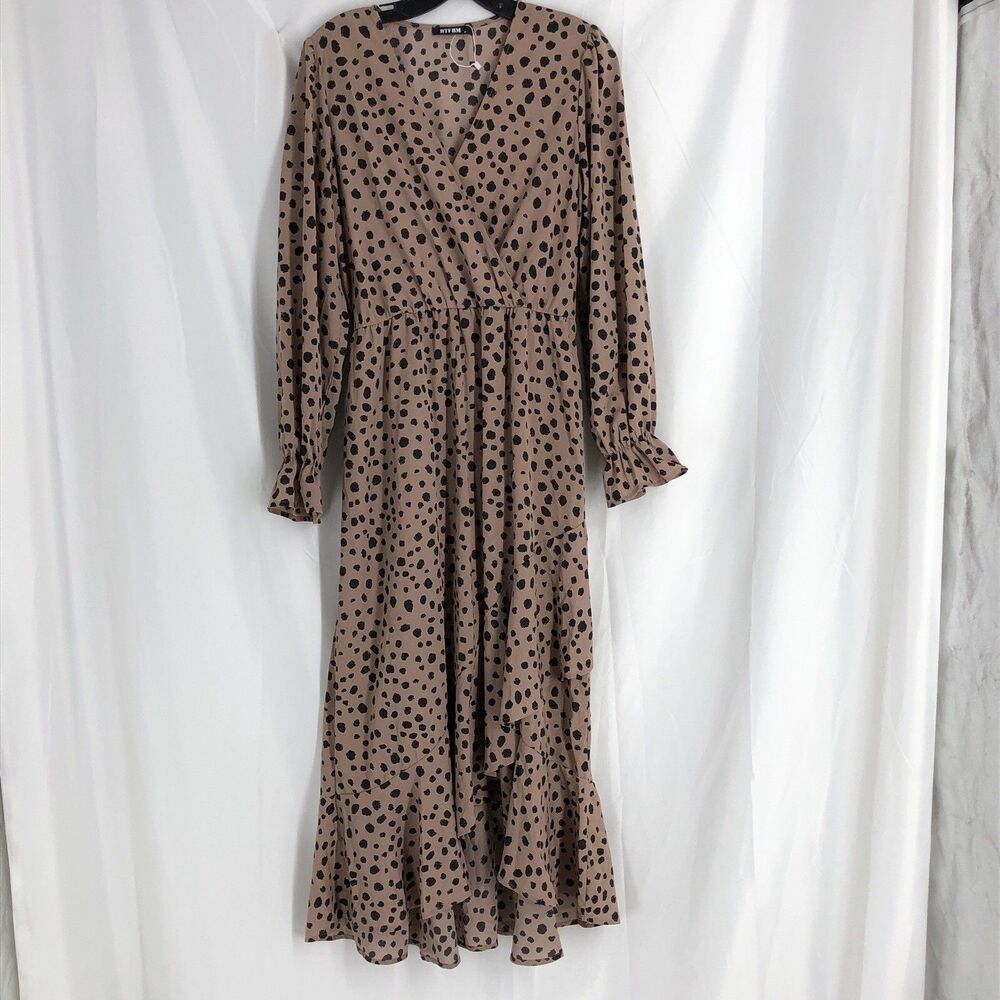 BTFBM Women’s Long Sleeve Wrap V Neck Leopard Boho Maxi Dress Sz Medium
